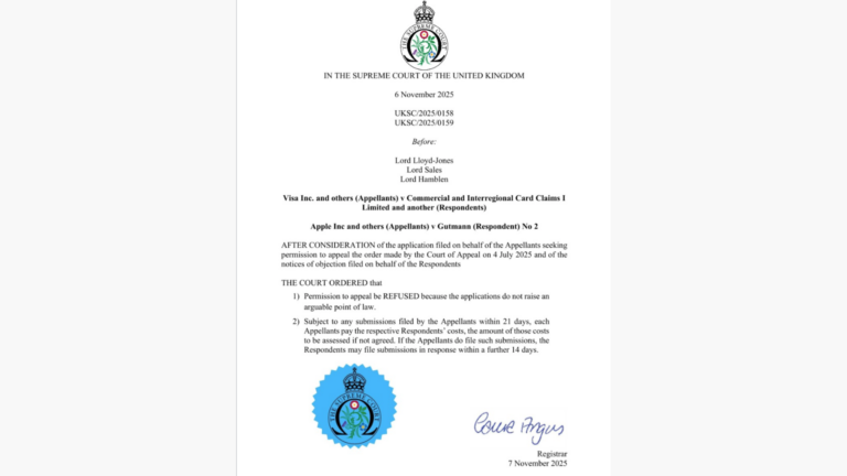 The Supreme Court has refused Visa and Mastercard permission to appeal in Visa v CICC and Apple v Gutmann